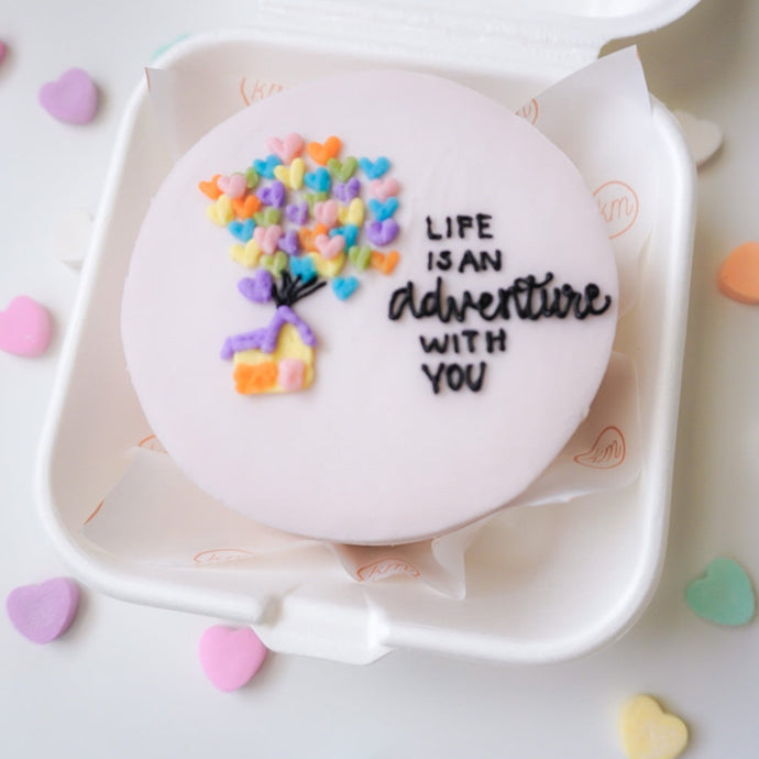 Up inspired lunchbox cake with tiny balloon hearts lifting up a house. With “Life is an adventure with you” written.